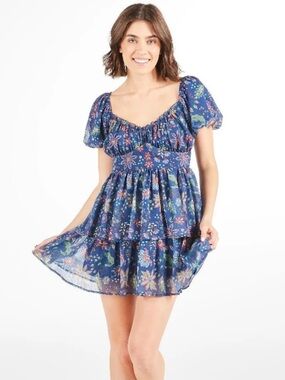 Simply Southern Navy Floral Tiered Dress with Puff Sleeves